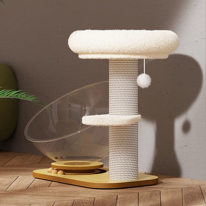 Contemporary Scandinavian Round Pine Wood Panel Sisal Velvet Fabric Cat Tree For Living Room