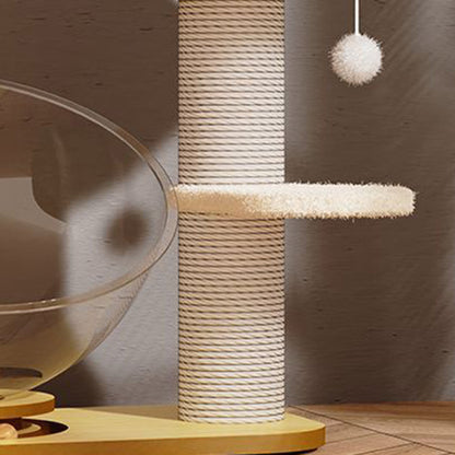Contemporary Scandinavian Round Pine Wood Panel Sisal Velvet Fabric Cat Tree For Living Room