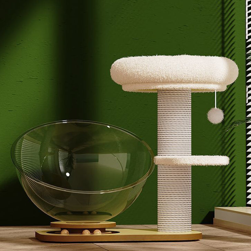 Contemporary Scandinavian Round Pine Wood Panel Sisal Velvet Fabric Cat Tree For Living Room