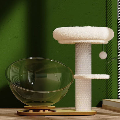 Contemporary Scandinavian Round Pine Wood Panel Sisal Velvet Fabric Cat Tree For Living Room