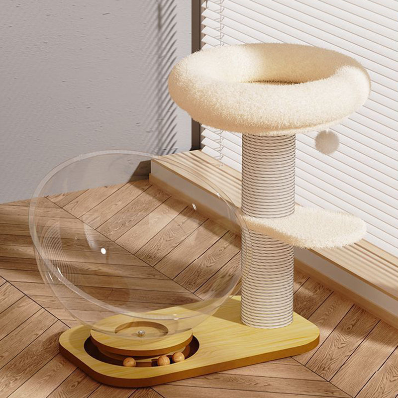 Contemporary Scandinavian Round Pine Wood Panel Sisal Velvet Fabric Cat Tree For Living Room