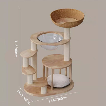 Contemporary Scandinavian Round Rubberwood Solid Wood Acrylic Kraft Paper Rope Cat Tree 4-Tier For Living Room