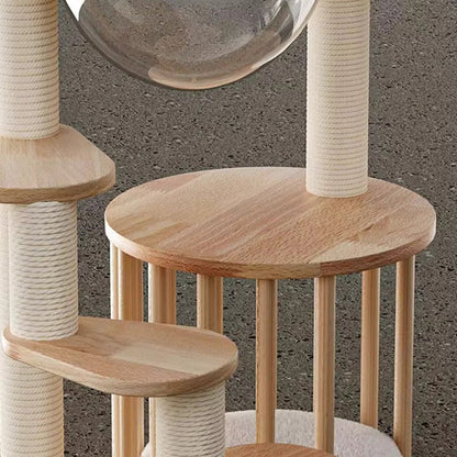 Contemporary Scandinavian Round Rubberwood Solid Wood Acrylic Kraft Paper Rope Cat Tree 4-Tier For Living Room