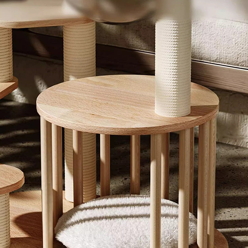 Contemporary Scandinavian Round Rubberwood Solid Wood Acrylic Kraft Paper Rope Cat Tree 4-Tier For Living Room