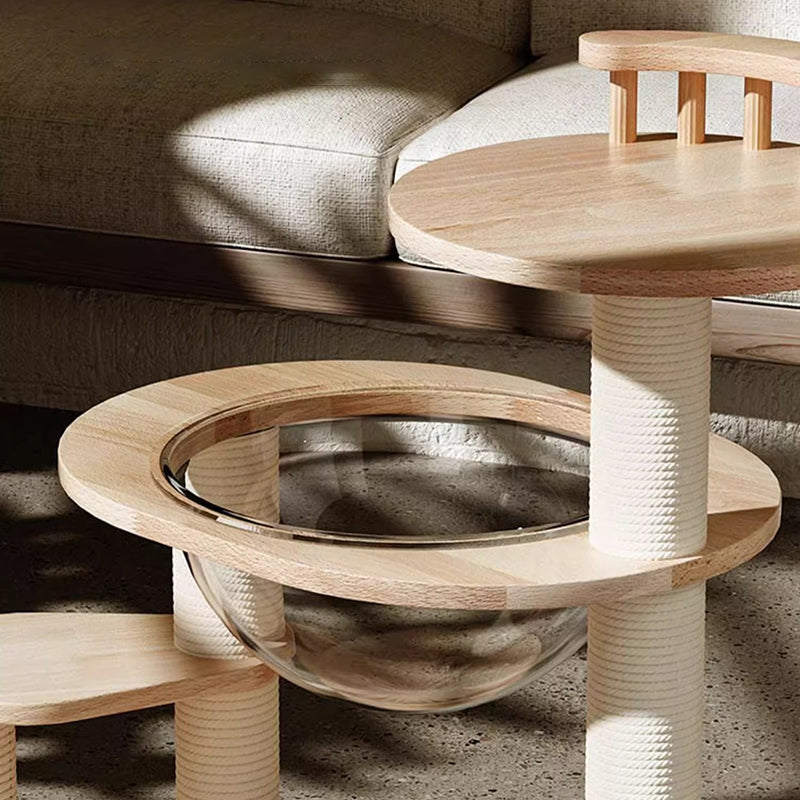 Contemporary Scandinavian Round Rubberwood Solid Wood Acrylic Kraft Paper Rope Cat Tree 4-Tier For Living Room