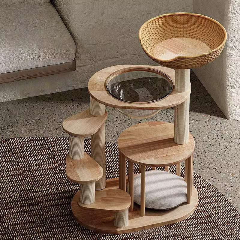 Contemporary Scandinavian Round Rubberwood Solid Wood Acrylic Kraft Paper Rope Cat Tree 4-Tier For Living Room