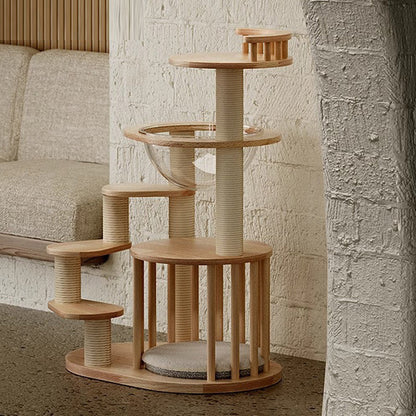 Contemporary Scandinavian Round Rubberwood Solid Wood Acrylic Kraft Paper Rope Cat Tree 4-Tier For Living Room