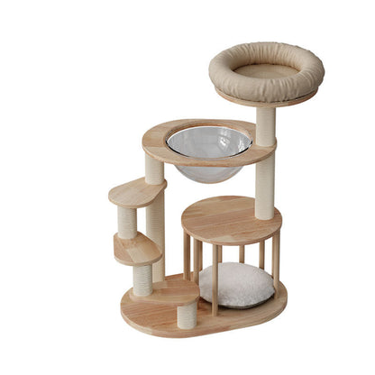 Contemporary Scandinavian Round Rubberwood Solid Wood Acrylic Kraft Paper Rope Cat Tree 4-Tier For Living Room