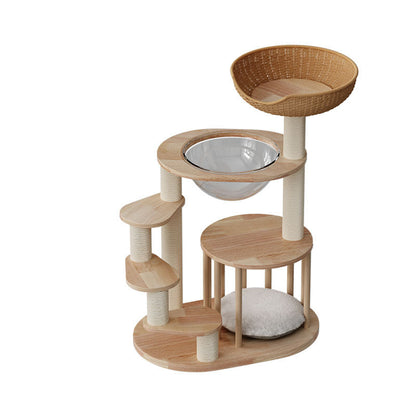 Contemporary Scandinavian Round Rubberwood Solid Wood Acrylic Kraft Paper Rope Cat Tree 4-Tier For Living Room