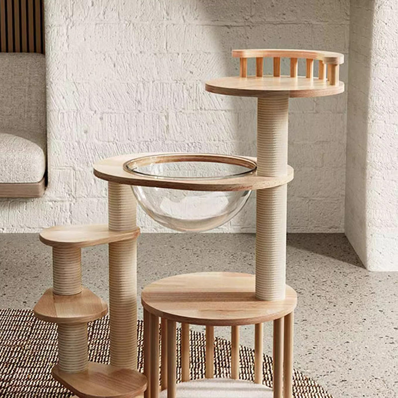 Contemporary Scandinavian Round Rubberwood Solid Wood Acrylic Kraft Paper Rope Cat Tree 4-Tier For Living Room