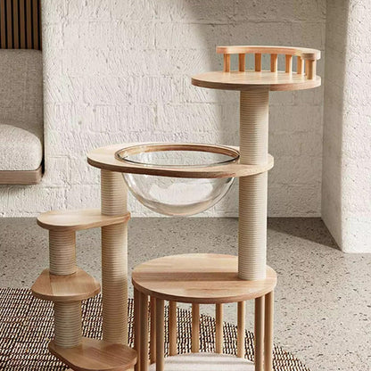 Contemporary Scandinavian Round Rubberwood Solid Wood Acrylic Kraft Paper Rope Cat Tree 4-Tier For Living Room
