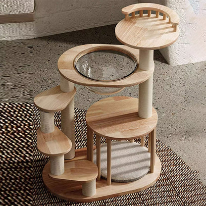 Contemporary Scandinavian Round Rubberwood Solid Wood Acrylic Kraft Paper Rope Cat Tree 4-Tier For Living Room