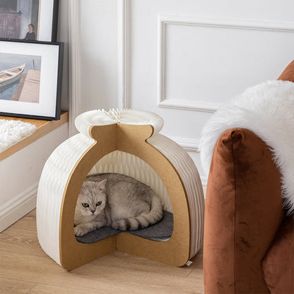 Modern Art Deco Round Kraft Paper OSB Board Felt Bun-Shaped Foldable Cat Bed For Bedroom