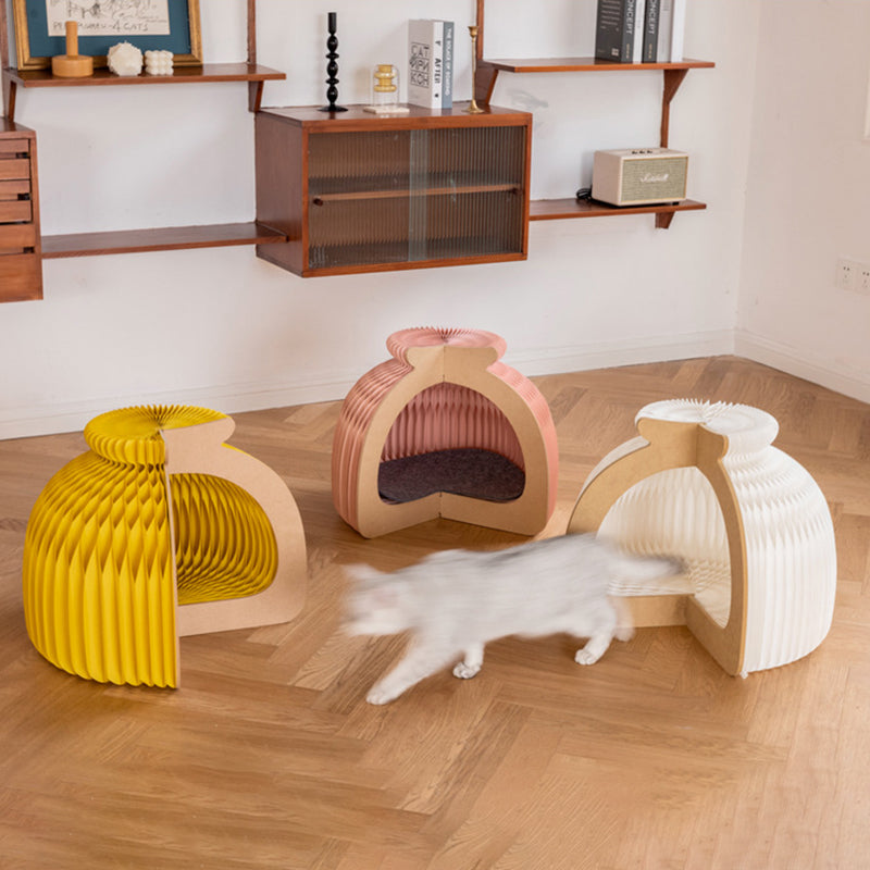 Modern Art Deco Round Kraft Paper OSB Board Felt Bun-Shaped Foldable Cat Bed For Bedroom