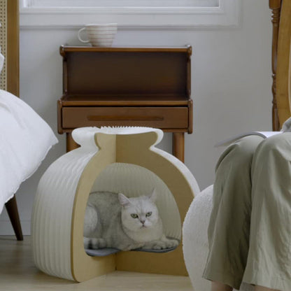Modern Art Deco Round Kraft Paper OSB Board Felt Bun-Shaped Foldable Cat Bed For Bedroom