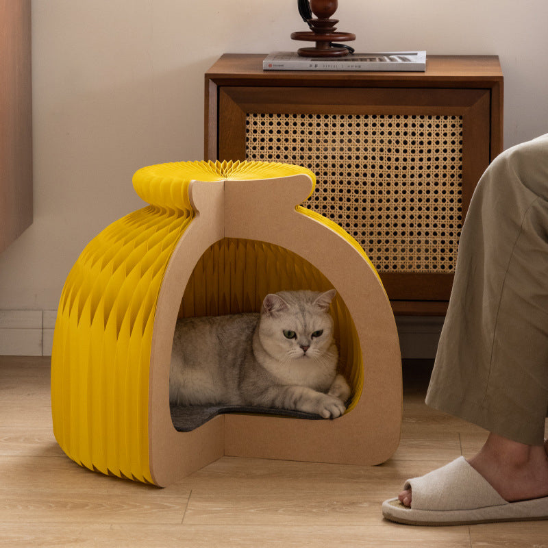 Modern Art Deco Round Kraft Paper OSB Board Felt Bun-Shaped Foldable Cat Bed For Bedroom