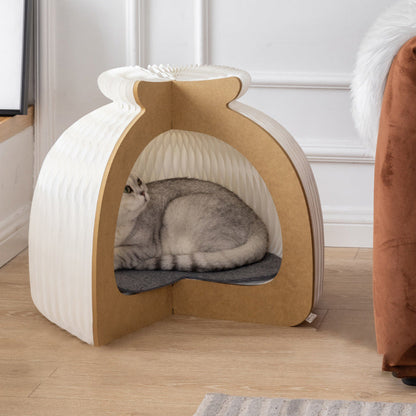 Modern Art Deco Round Kraft Paper OSB Board Felt Bun-Shaped Foldable Cat Bed For Bedroom