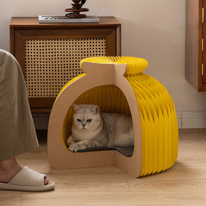 Modern Art Deco Round Kraft Paper OSB Board Felt Bun-Shaped Foldable Cat Bed For Bedroom
