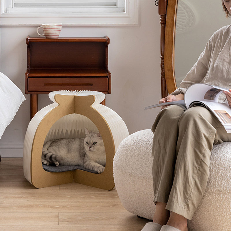 Modern Art Deco Round Kraft Paper OSB Board Felt Bun-Shaped Foldable Cat Bed For Bedroom