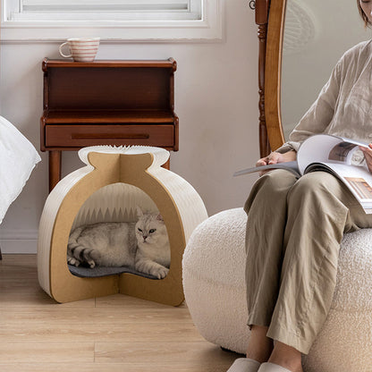Modern Art Deco Round Kraft Paper OSB Board Felt Bun-Shaped Foldable Cat Bed For Bedroom