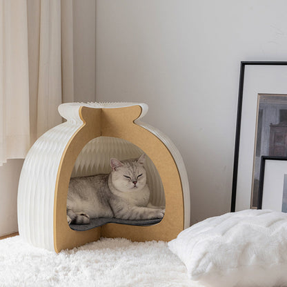 Modern Art Deco Round Kraft Paper OSB Board Felt Bun-Shaped Foldable Cat Bed For Bedroom