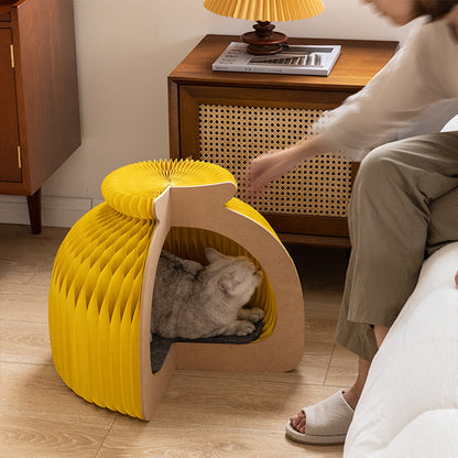 Modern Art Deco Round Kraft Paper OSB Board Felt Bun-Shaped Foldable Cat Bed For Bedroom