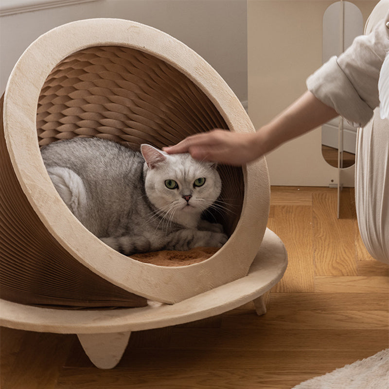 Modern Art Deco Round Kraft Paper OSB Board Velvet Fabric Foldable Cat Bed For Bedroom