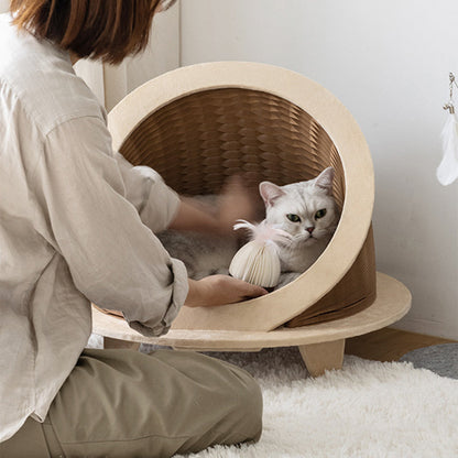 Modern Art Deco Round Kraft Paper OSB Board Velvet Fabric Foldable Cat Bed For Bedroom