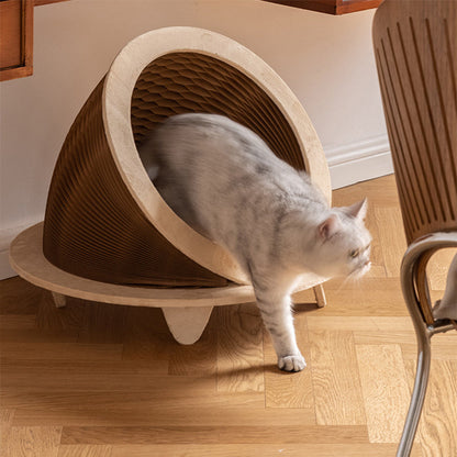 Modern Art Deco Round Kraft Paper OSB Board Velvet Fabric Foldable Cat Bed For Bedroom