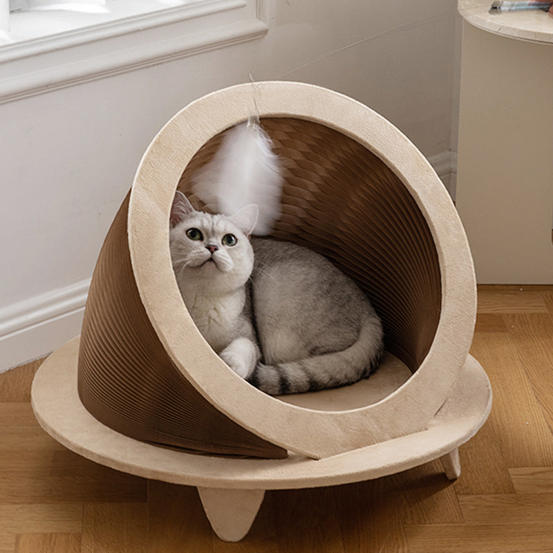 Modern Art Deco Round Kraft Paper OSB Board Velvet Fabric Foldable Cat Bed For Bedroom