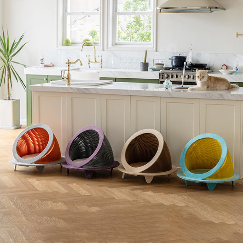 Modern Art Deco Round Kraft Paper OSB Board Velvet Fabric Foldable Cat Bed For Bedroom