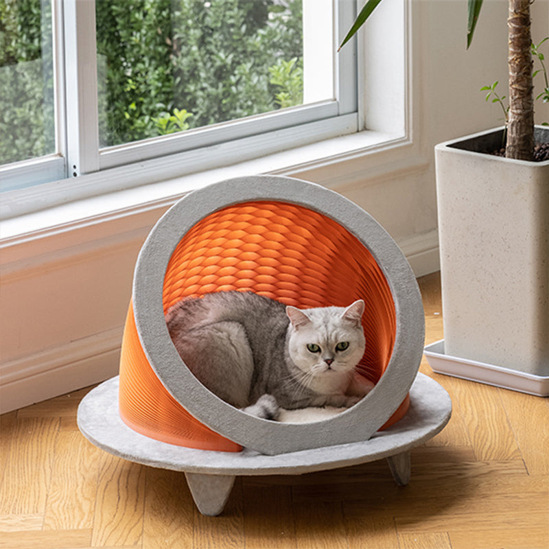 Modern Art Deco Round Kraft Paper OSB Board Velvet Fabric Foldable Cat Bed For Bedroom