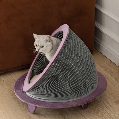 Modern Art Deco Round Kraft Paper OSB Board Velvet Fabric Foldable Cat Bed For Bedroom