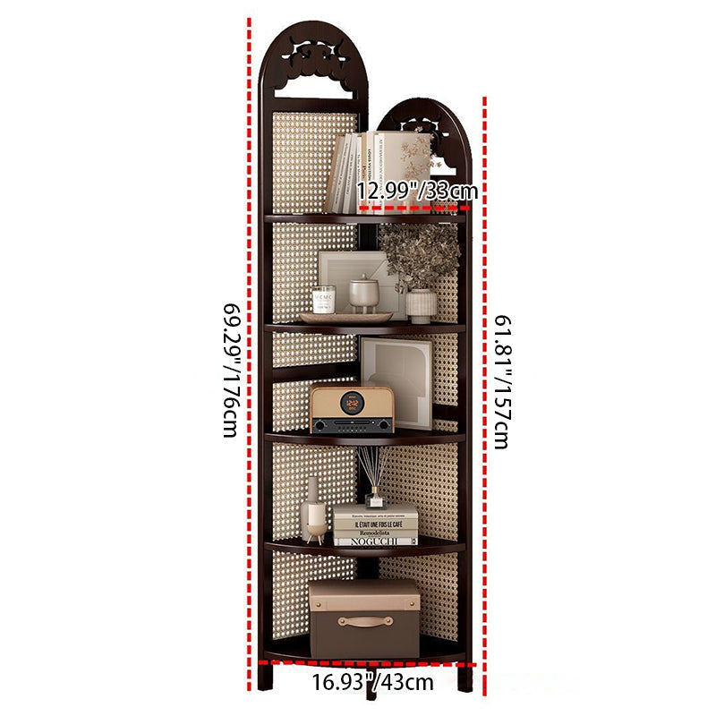 Traditional Chinese Rectangular Natural Nan Bamboo Rattan Corner Shelf Unit 5-Tier For Living Room