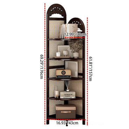 Traditional Chinese Rectangular Natural Nan Bamboo Rattan Corner Shelf Unit 5-Tier For Living Room