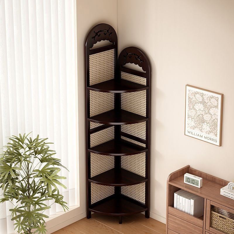 Traditional Chinese Rectangular Natural Nan Bamboo Rattan Corner Shelf Unit 5-Tier For Living Room