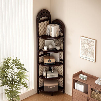 Traditional Chinese Rectangular Natural Nan Bamboo Rattan Corner Shelf Unit 5-Tier For Living Room