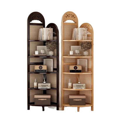 Traditional Chinese Rectangular Natural Nan Bamboo Rattan Corner Shelf Unit 5-Tier For Living Room