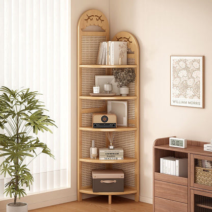 Traditional Chinese Rectangular Natural Nan Bamboo Rattan Corner Shelf Unit 5-Tier For Living Room