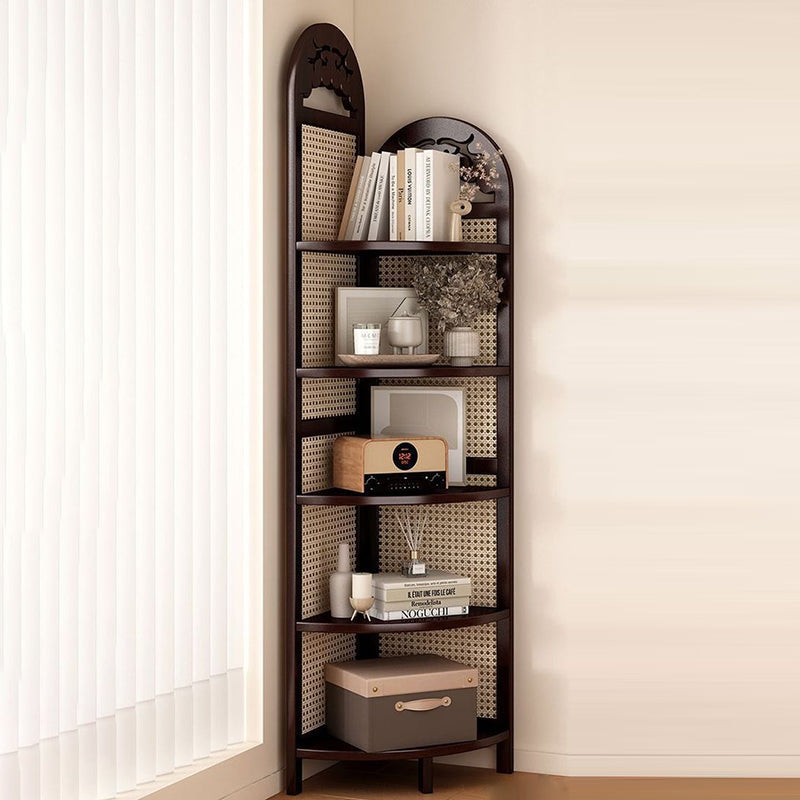 Traditional Chinese Rectangular Natural Nan Bamboo Rattan Corner Shelf Unit 5-Tier For Living Room