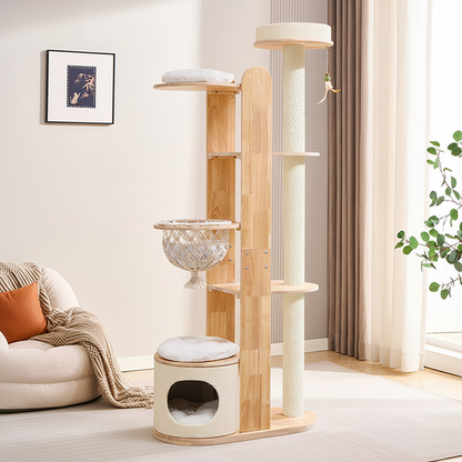 Contemporary Scandinavian Round Rubberwood Multi-Layer Solid Wood Panel Acrylic Velvet Fabric Sisal Cat Tree For Living Room