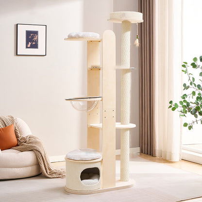 Contemporary Scandinavian Round Rubberwood Multi-Layer Solid Wood Panel Acrylic Velvet Fabric Sisal Cat Tree For Living Room