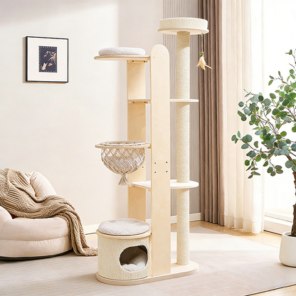 Contemporary Scandinavian Round Rubberwood Multi-Layer Solid Wood Panel Acrylic Velvet Fabric Sisal Cat Tree For Living Room