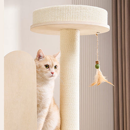 Contemporary Scandinavian Round Rubberwood Multi-Layer Solid Wood Panel Acrylic Velvet Fabric Sisal Cat Tree For Living Room