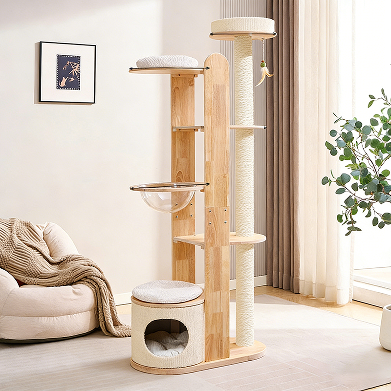 Contemporary Scandinavian Round Rubberwood Multi-Layer Solid Wood Panel Acrylic Velvet Fabric Sisal Cat Tree For Living Room