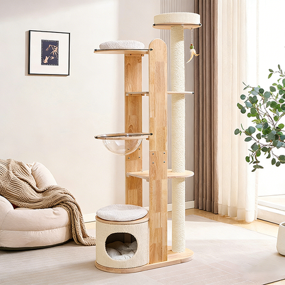 Contemporary Scandinavian Round Rubberwood Multi-Layer Solid Wood Panel Acrylic Velvet Fabric Sisal Cat Tree For Living Room