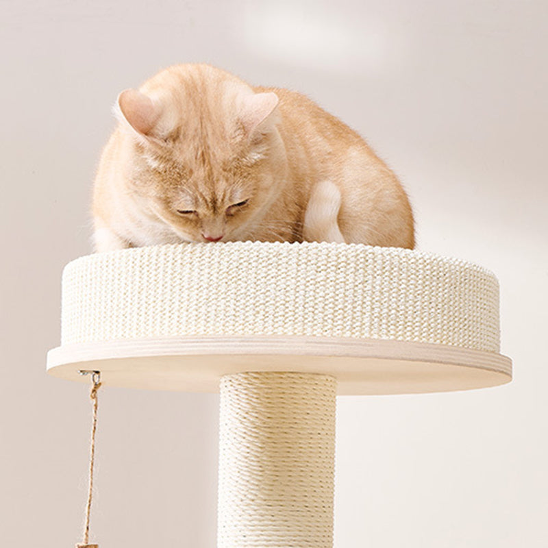 Contemporary Scandinavian Round Rubberwood Multi-Layer Solid Wood Panel Acrylic Velvet Fabric Sisal Cat Tree For Living Room