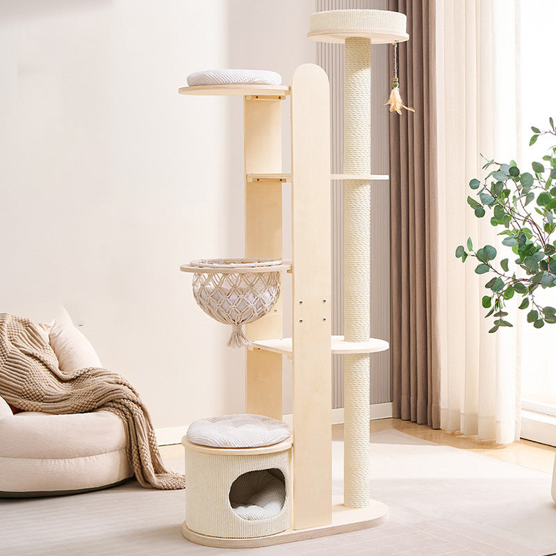 Contemporary Scandinavian Round Rubberwood Multi-Layer Solid Wood Panel Acrylic Velvet Fabric Sisal Cat Tree For Living Room