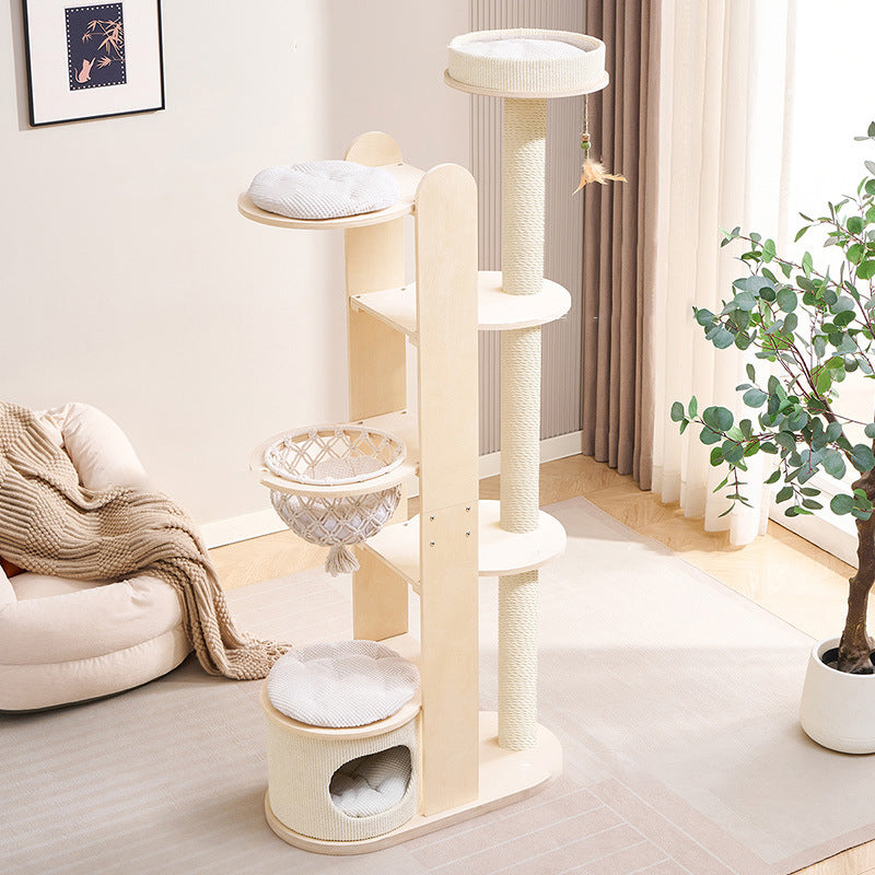 Contemporary Scandinavian Round Rubberwood Multi-Layer Solid Wood Panel Acrylic Velvet Fabric Sisal Cat Tree For Living Room