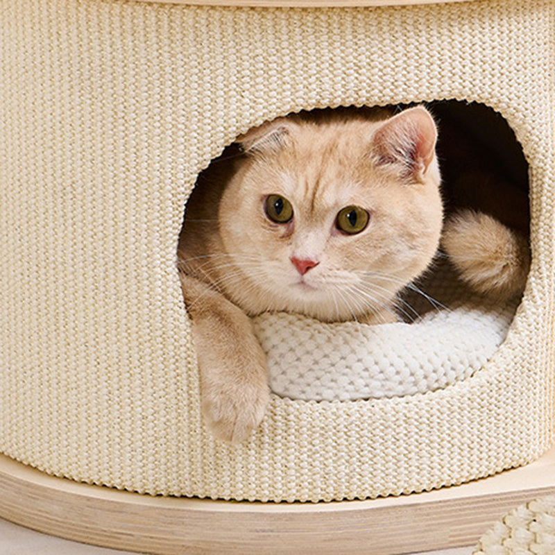 Contemporary Scandinavian Round Rubberwood Multi-Layer Solid Wood Panel Acrylic Velvet Fabric Sisal Cat Tree For Living Room